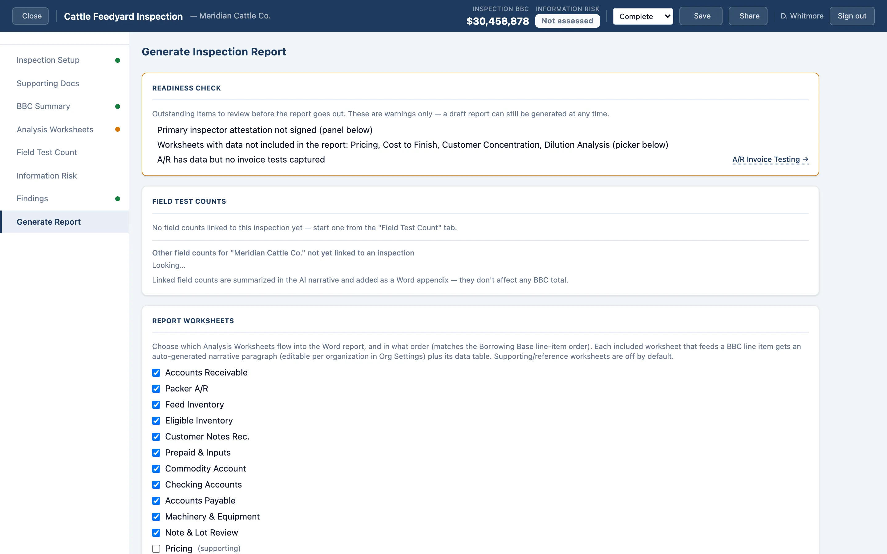 The Generate Report screen, with worksheet selection and the Word report download.